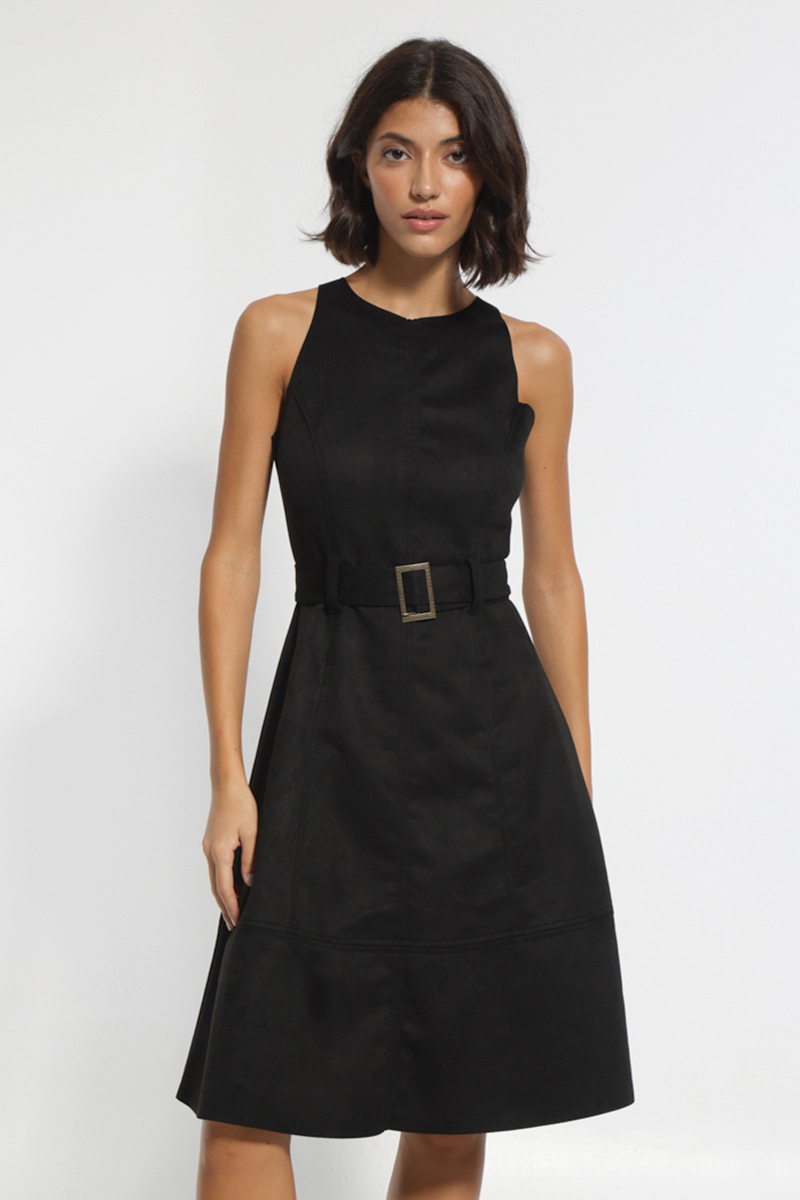 SLEEVELESS BLACK A-LINE MIDI DRESS WITH WAIST BELT