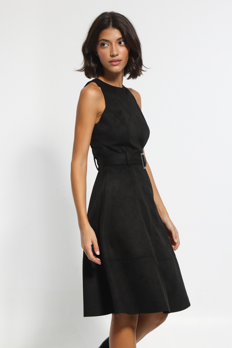 SLEEVELESS BLACK A-LINE MIDI DRESS WITH WAIST BELT