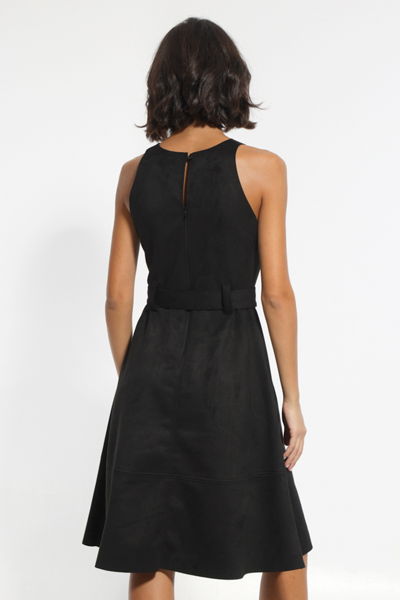 SLEEVELESS BLACK A-LINE MIDI DRESS WITH WAIST BELT