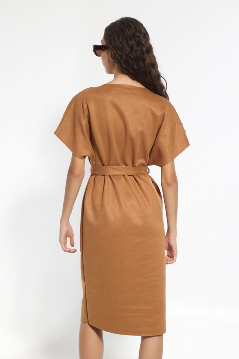 SHORT SLEEVED BROWN DRESS WITH WAIST BELT