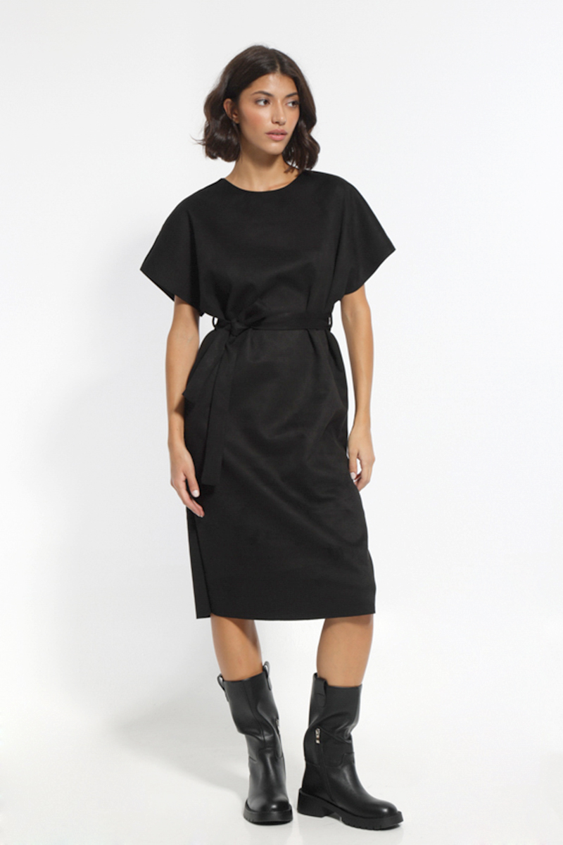 SHORT SLEEVE BLACK DRESS WITH WAIST BELT