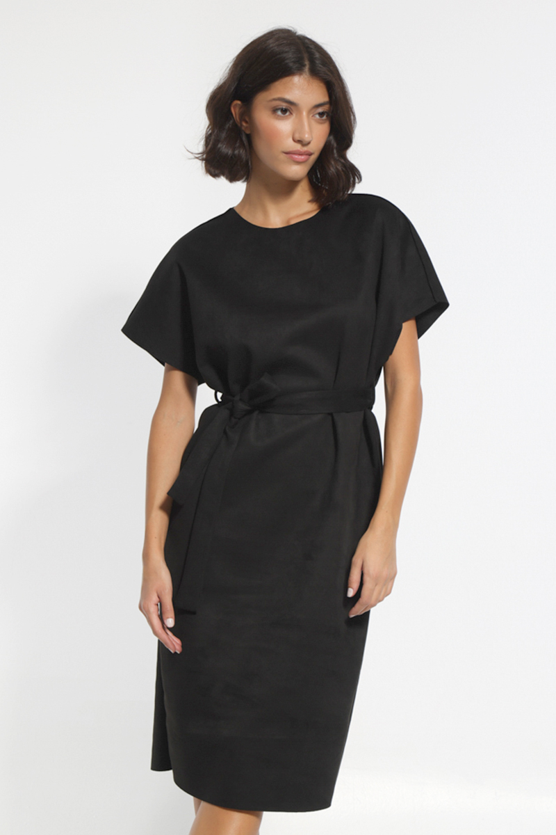 SHORT SLEEVE BLACK DRESS WITH WAIST BELT