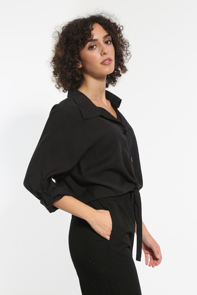 BLACK TIE FRONT LONG SLEEVE SHIRT