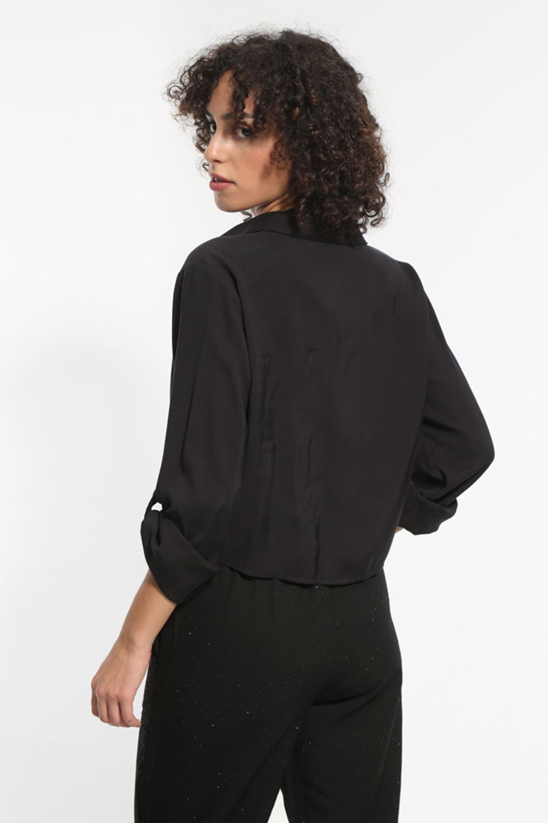 BLACK TIE FRONT LONG SLEEVE SHIRT