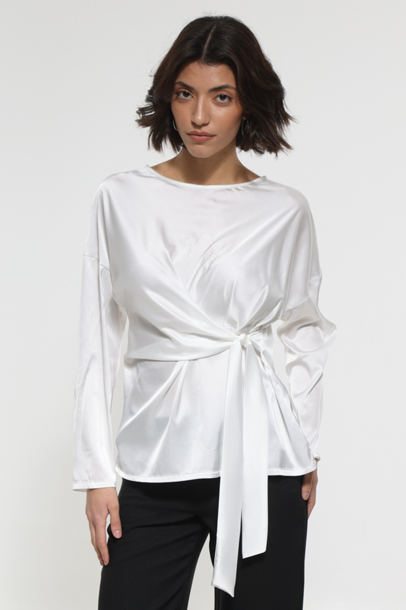 WHITE SATIN LONG SLEEVE BLOUSE WITH WAIST TIE