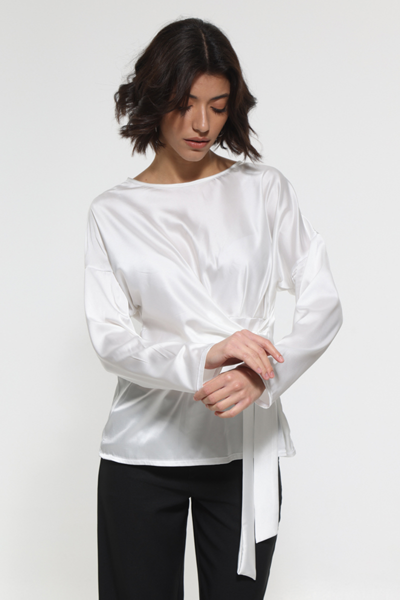 WHITE SATIN LONG SLEEVE BLOUSE WITH WAIST TIE