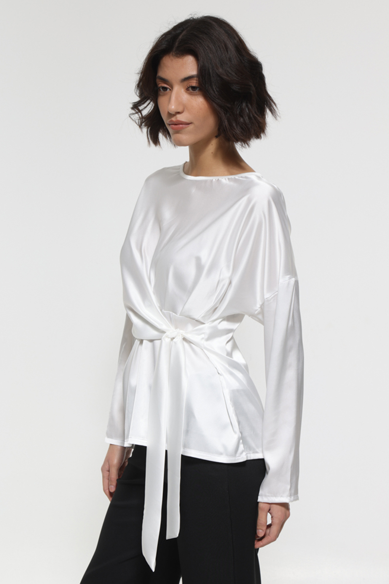 WHITE SATIN LONG SLEEVE BLOUSE WITH WAIST TIE