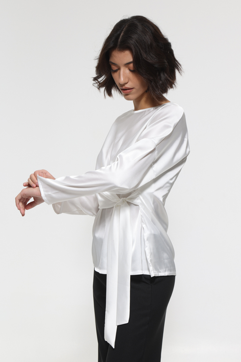 WHITE SATIN LONG SLEEVE BLOUSE WITH WAIST TIE