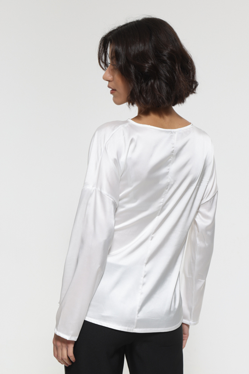 WHITE SATIN LONG SLEEVE BLOUSE WITH WAIST TIE