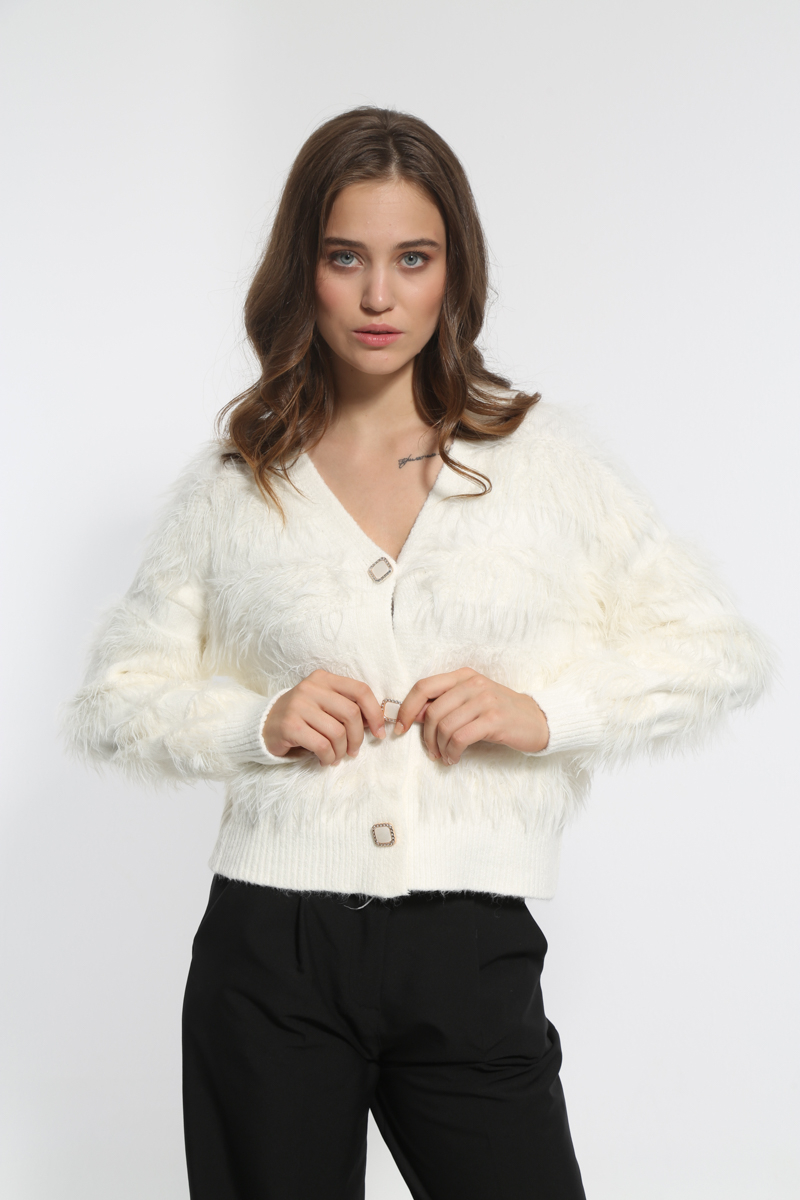 WHITE KNIT JACKET WITH GOLDEN BUTTONS