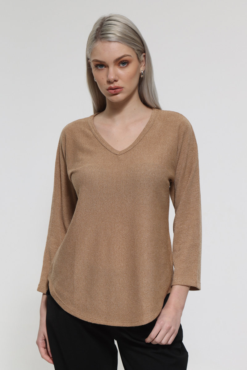 CAMEL LONG SLEEVE V-NECK TOP