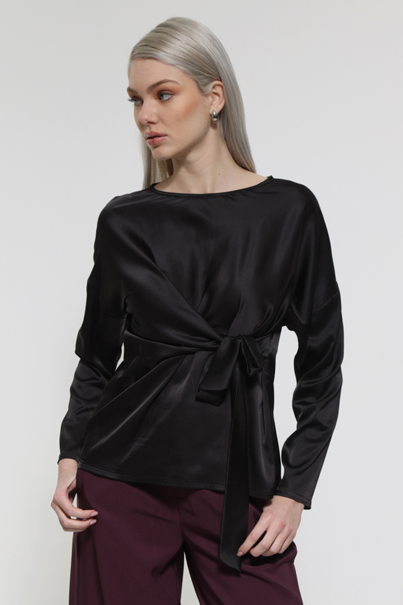 BLACK LONG SLEEVE BLOUSE WITH WAIST TIE