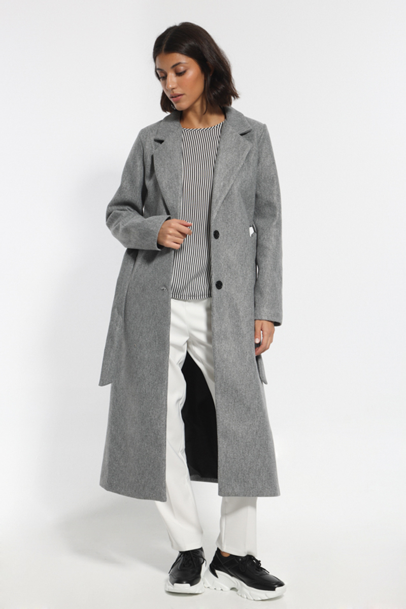 GRAY COAT WITH WAIST BELT AND POCKETS