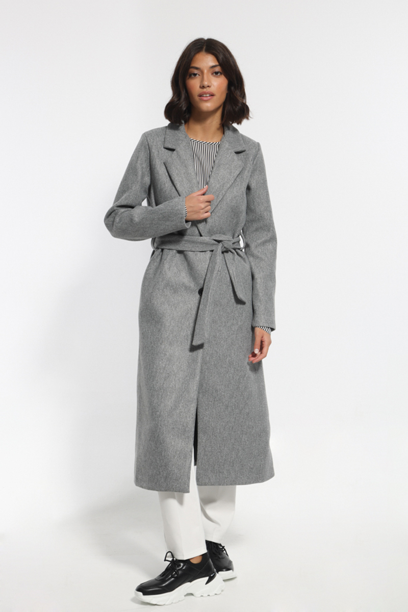 GRAY COAT WITH WAIST BELT AND POCKETS