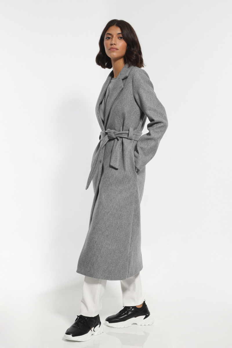 GRAY COAT WITH WAIST BELT AND POCKETS