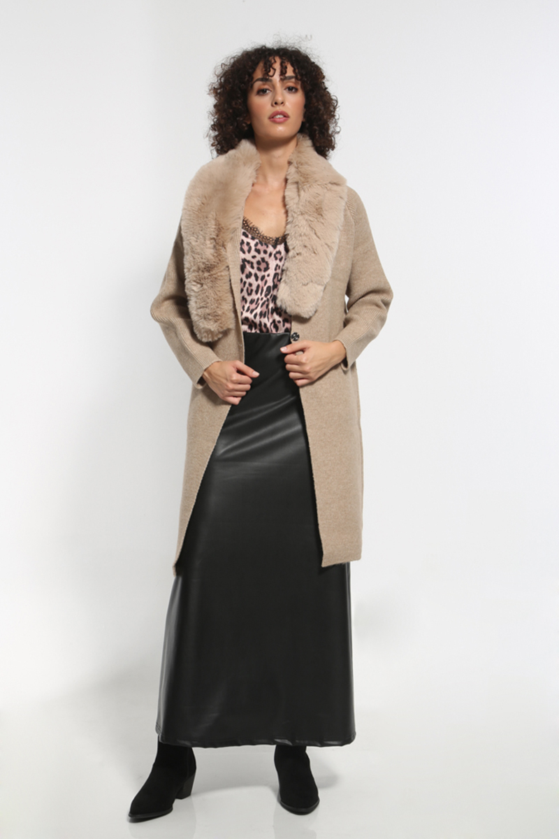 LONG CAMEL JACKET-PULLOVER WITH FUR AND POCKETS