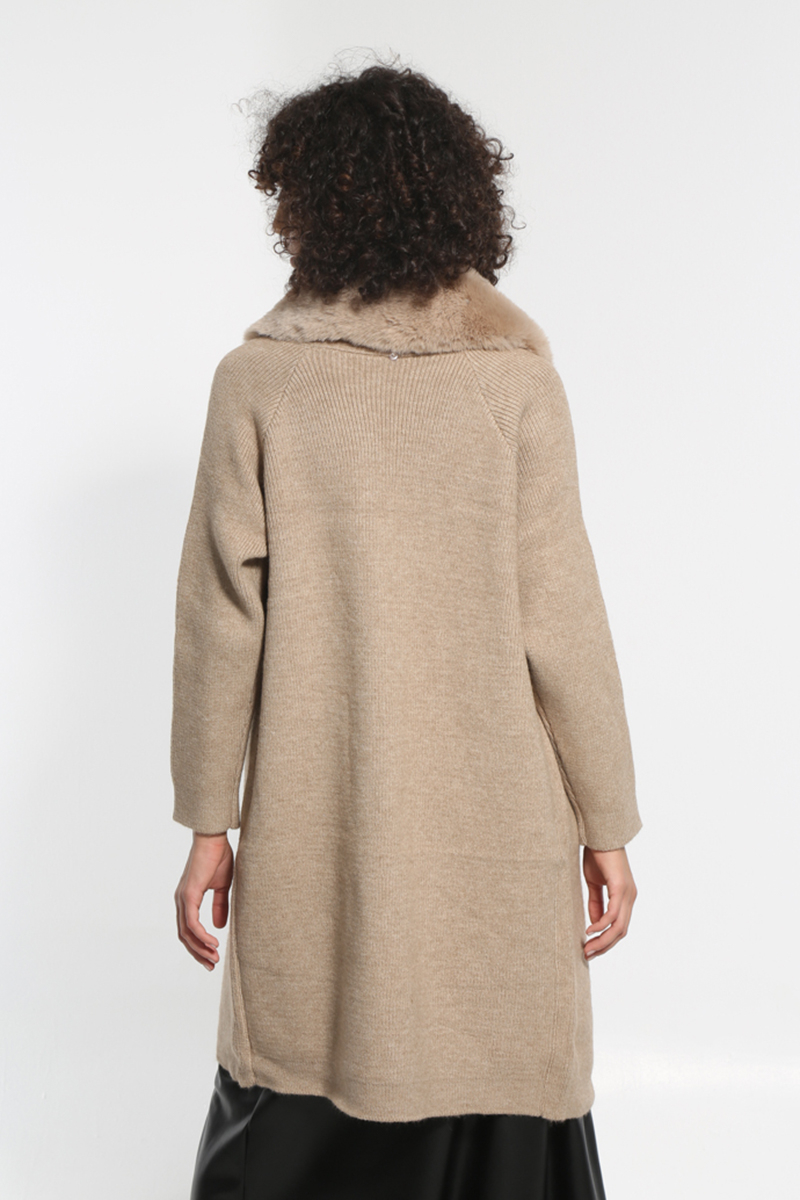 LONG CAMEL JACKET-PULLOVER WITH FUR AND POCKETS