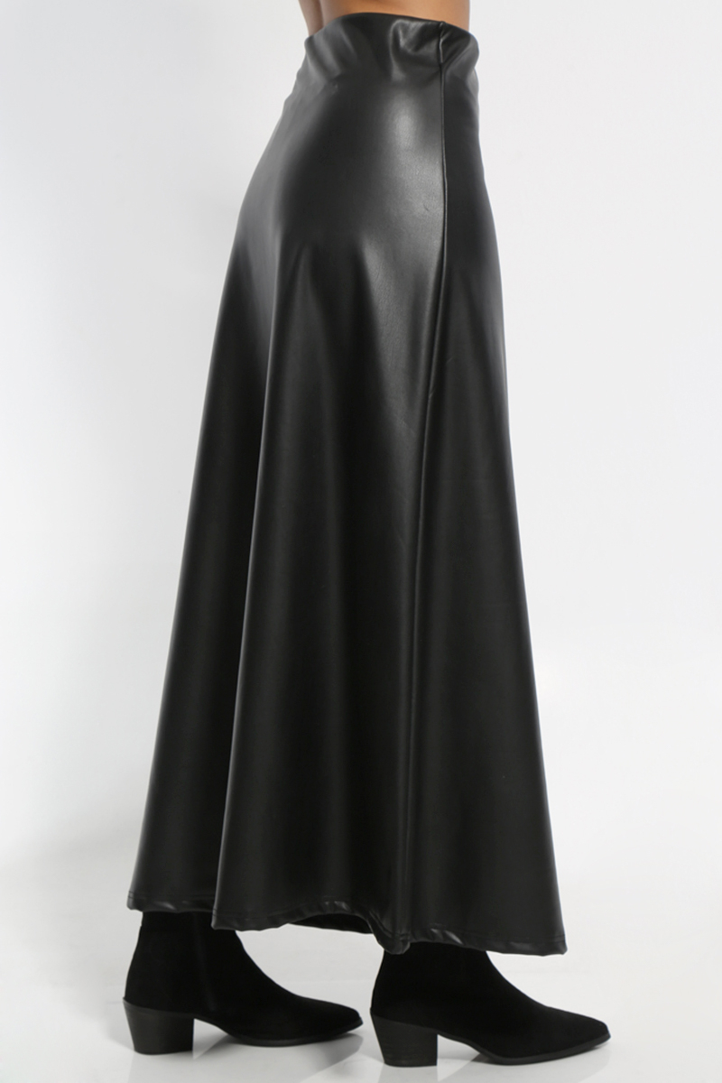 BLACK LONG LEATHER LOOK SKIRT