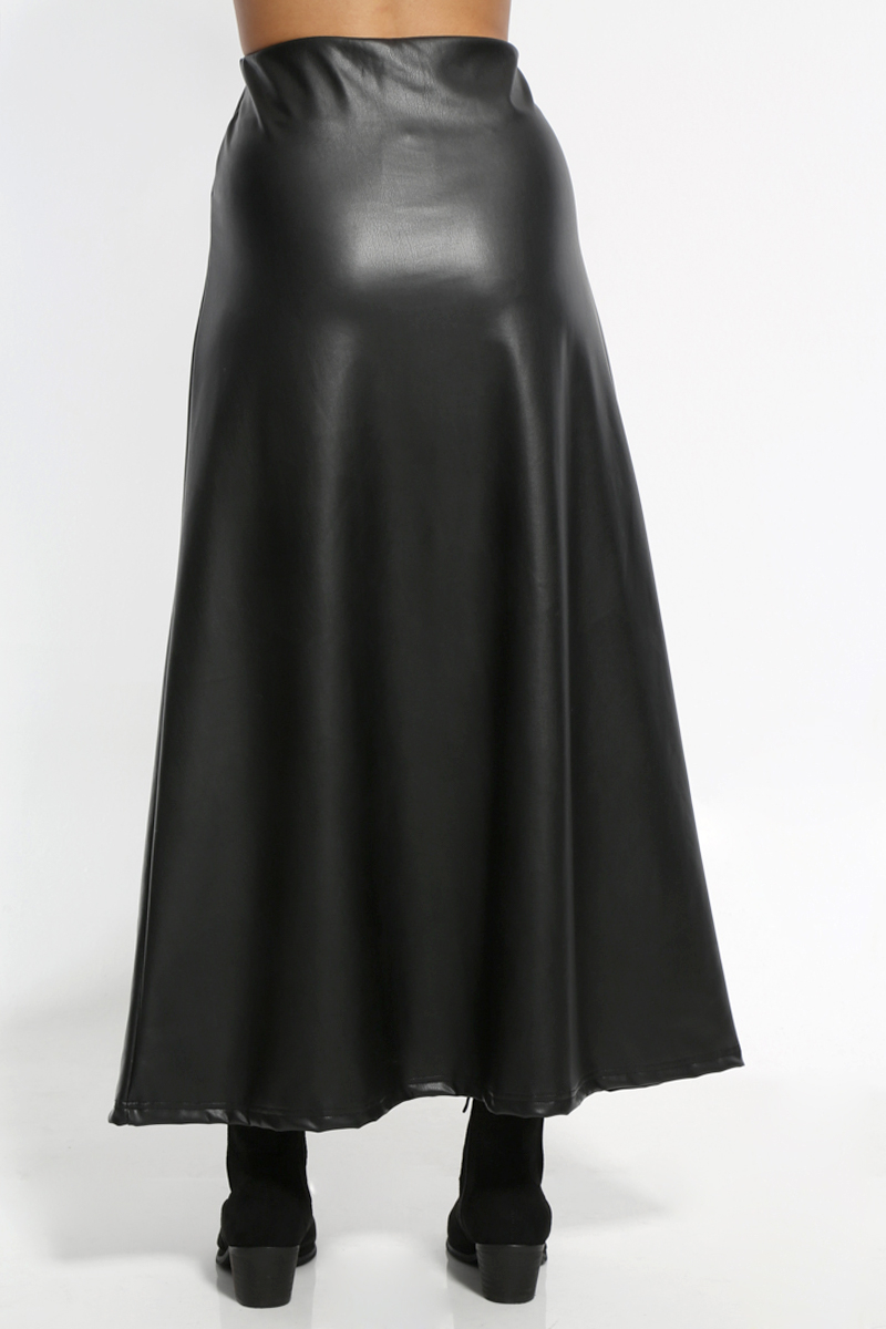 BLACK LONG LEATHER LOOK SKIRT