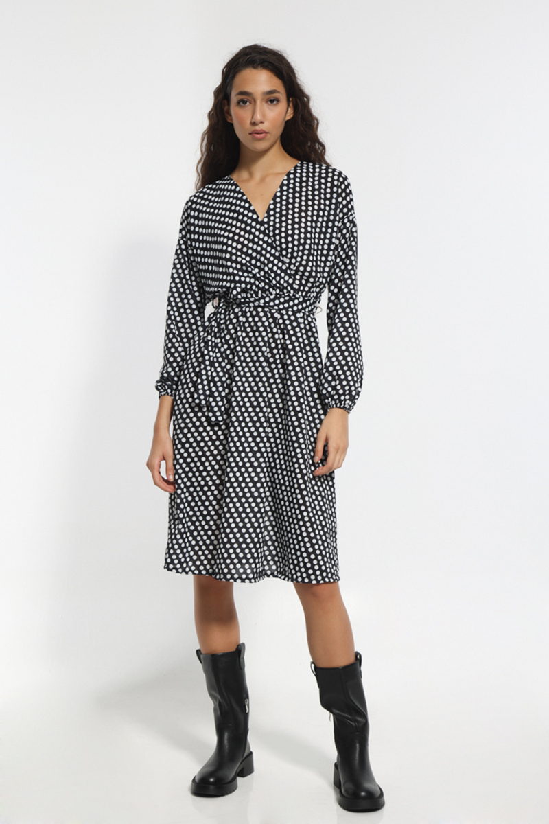 SPOTTED MIDI DRESS WITH WAIST BELT