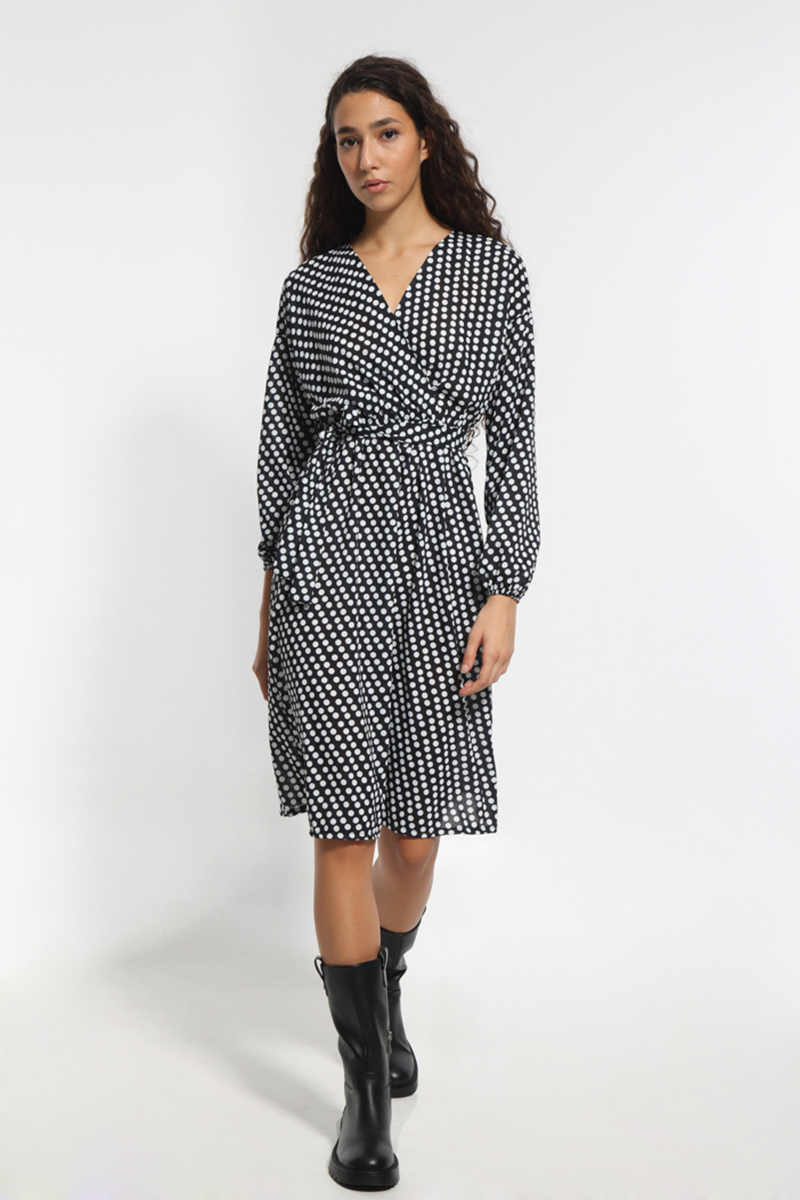 SPOTTED MIDI DRESS WITH WAIST BELT