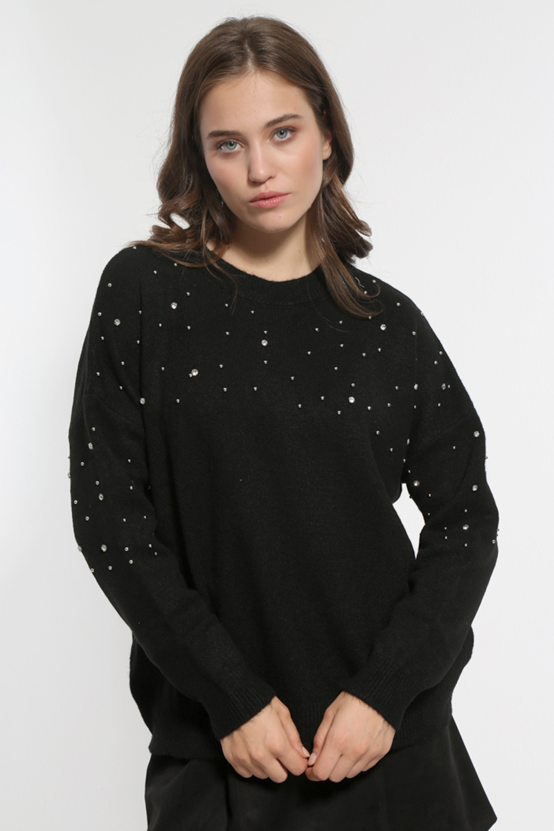 BLACK KNITTED BLOUSE WITH STRASS