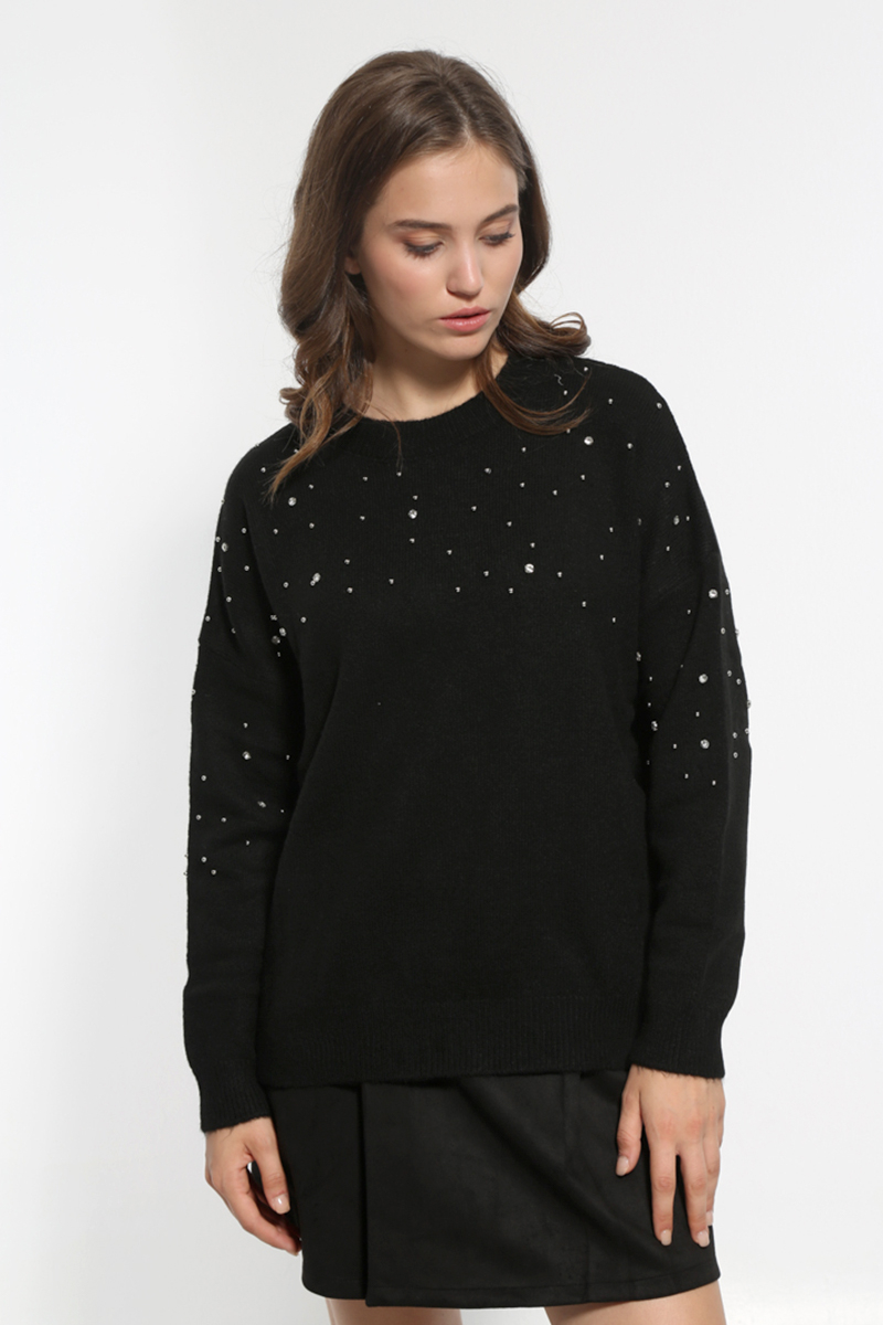 BLACK KNITTED BLOUSE WITH STRASS