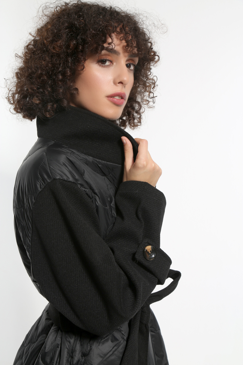 LONG BLACK JACKET WITH WAIST BELT