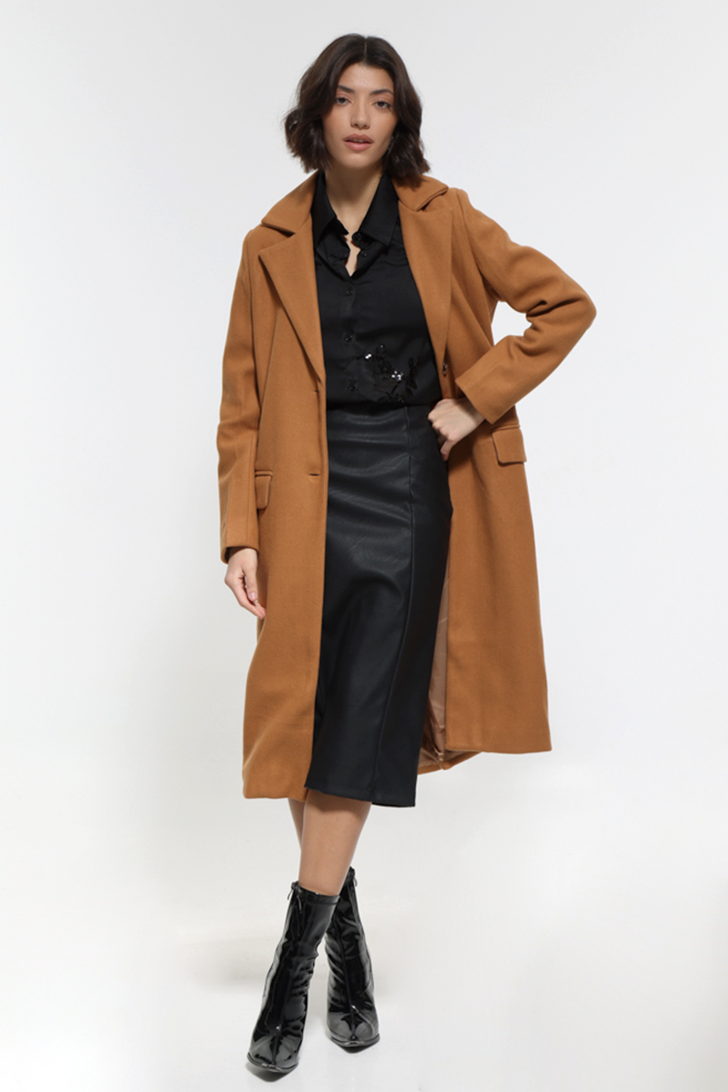 CAMEL LONG COAT WITH POCKETS