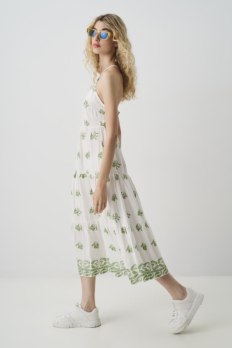 MAXI DRESS WITH GREEN EMBROIDERY AND STRAPS