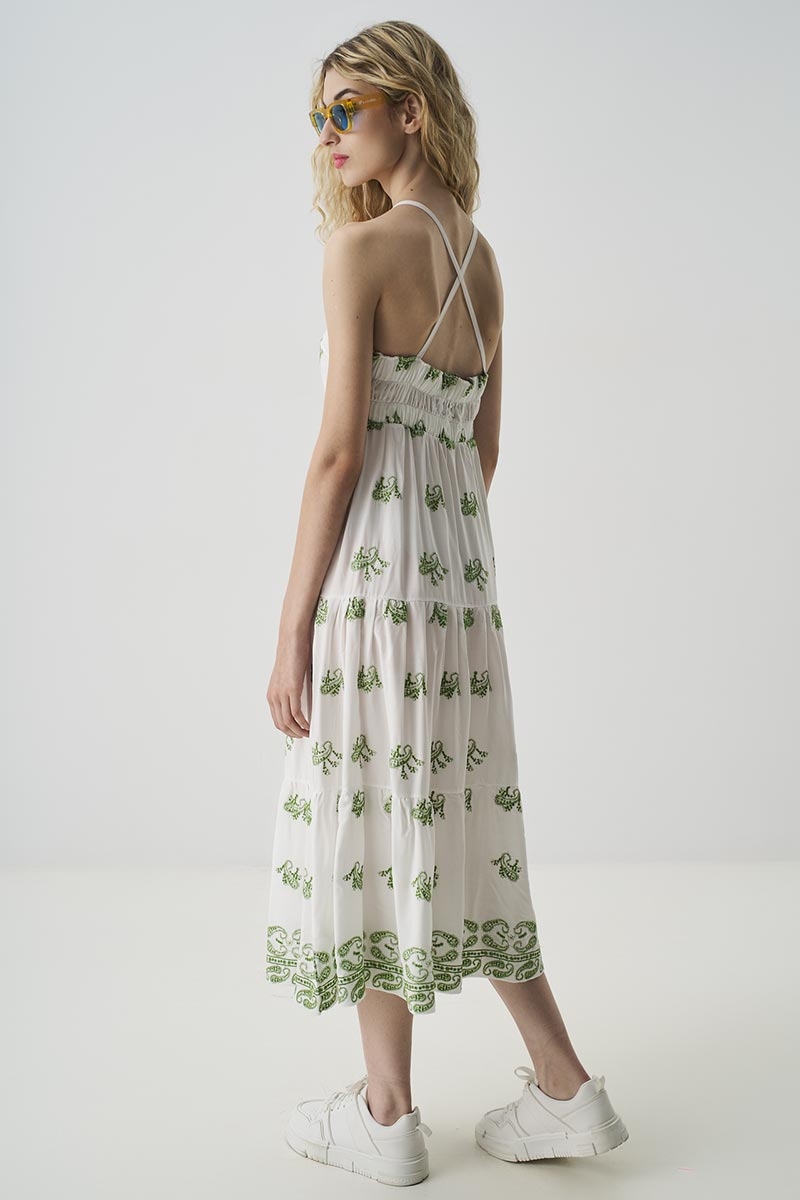 MAXI DRESS WITH GREEN EMBROIDERY AND STRAPS