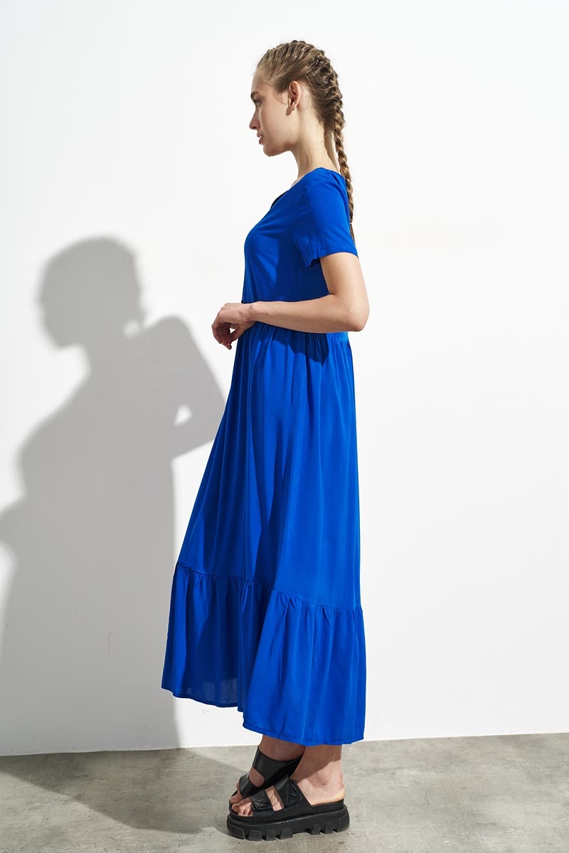 ΜΑΧΙ FOLDED DRESS WITH V-NECK AND BUTTONS, BLUE