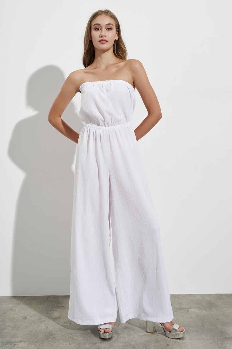 STRAPLESS MAXI JUMPSUIT, OF RAYON AND LINEN, WHITE