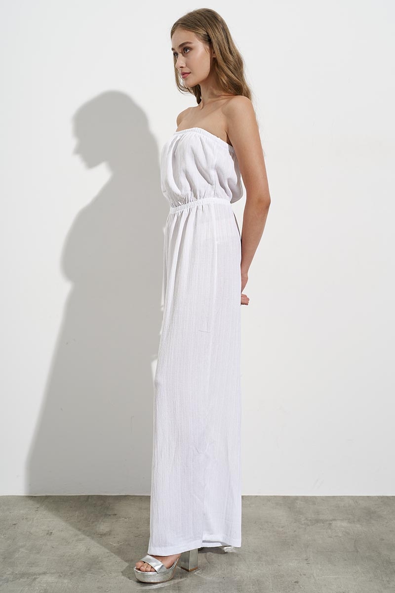 STRAPLESS MAXI JUMPSUIT, OF RAYON AND LINEN, WHITE