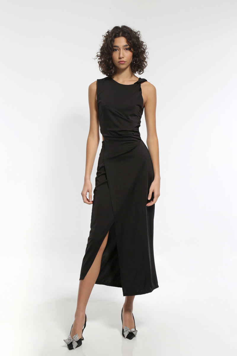 BLACK SLEEVELESS APPLIED MIDI DRESS