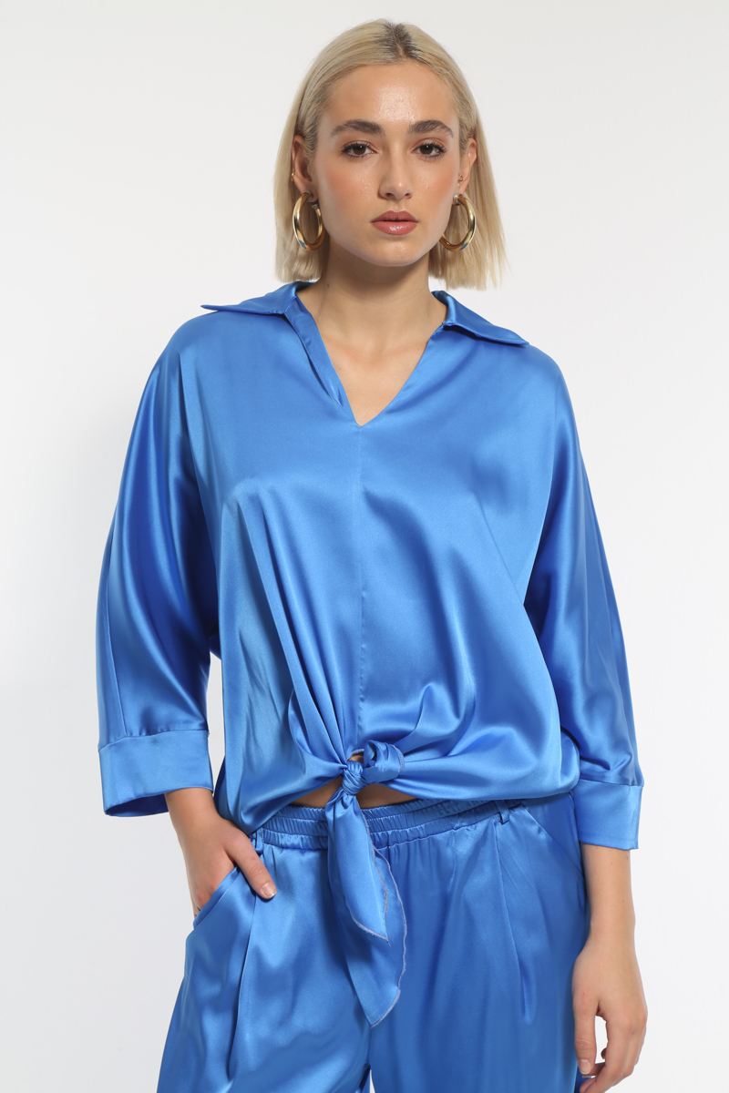 SATIN ROYAL BLOUSE WITH COLLAR AND WAIST TIE