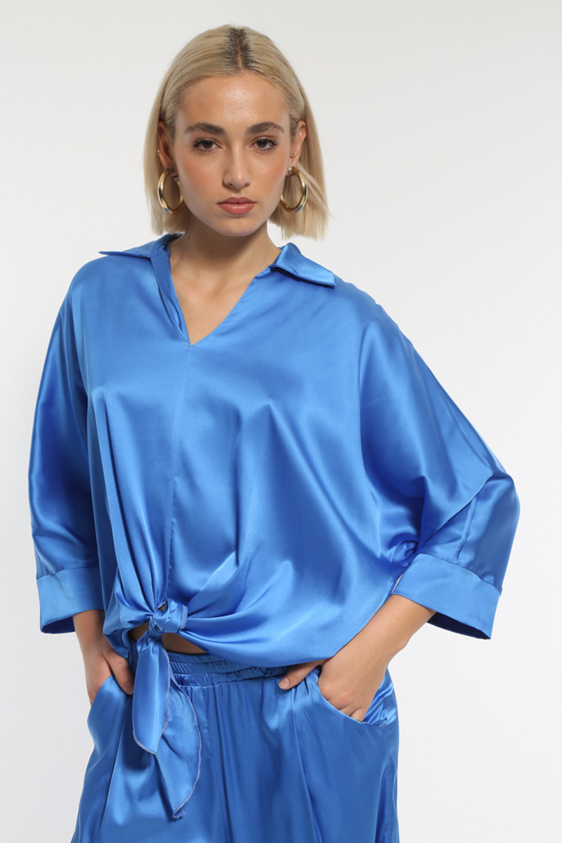 SATIN ROYAL BLOUSE WITH COLLAR AND WAIST TIE