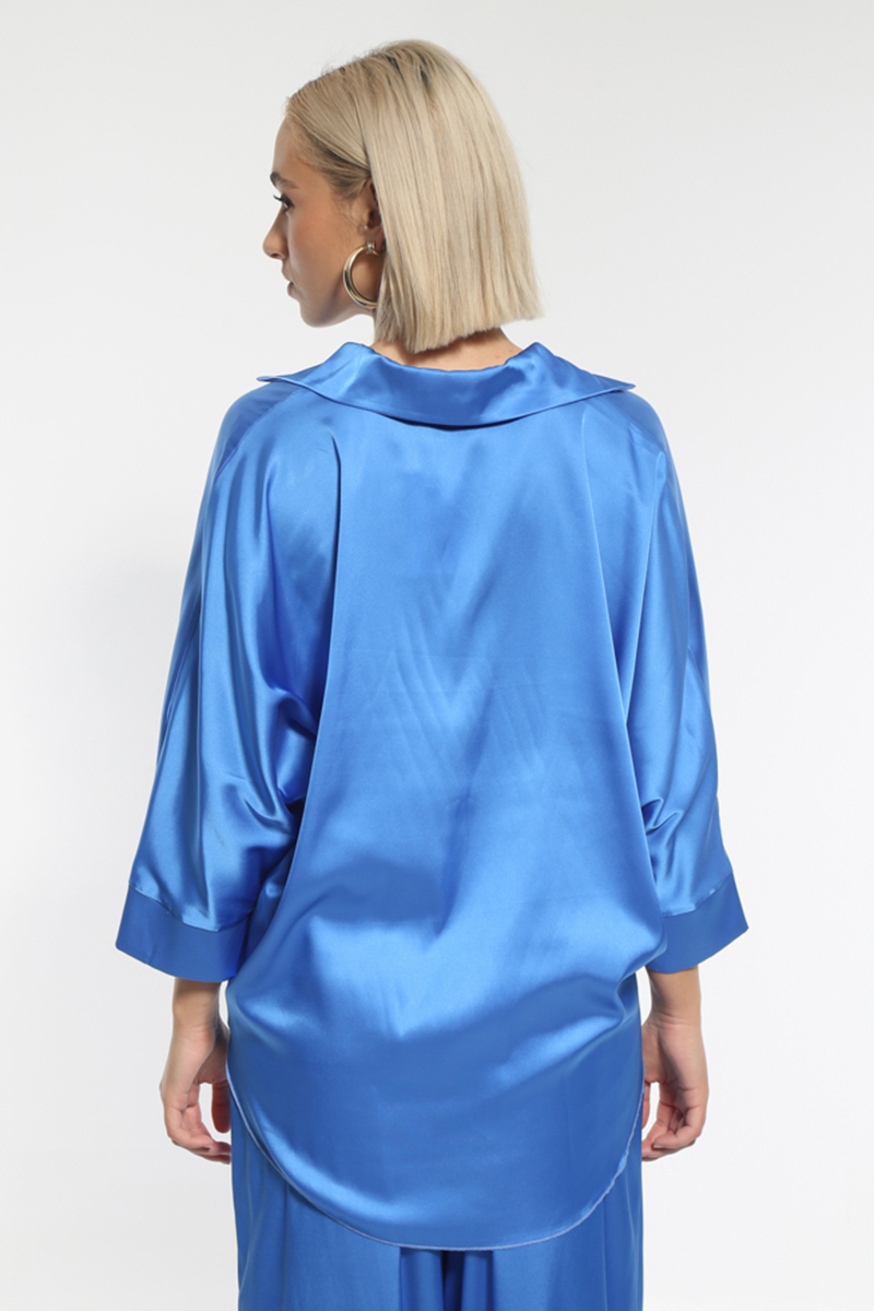 SATIN ROYAL BLOUSE WITH COLLAR AND WAIST TIE