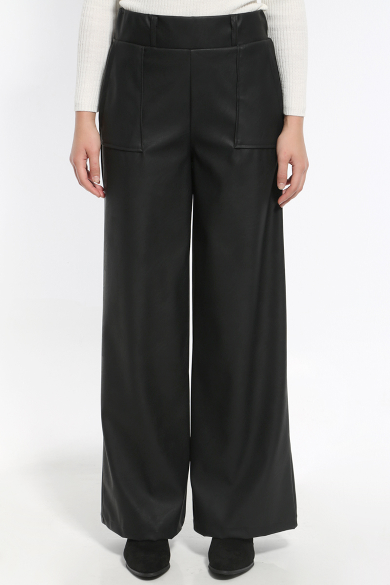 LEATHER LOOK BLACK WIDE PANTS WITH POCKETS