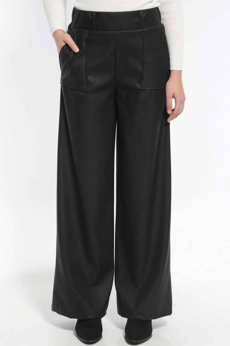 LEATHER LOOK BLACK WIDE PANTS WITH POCKETS