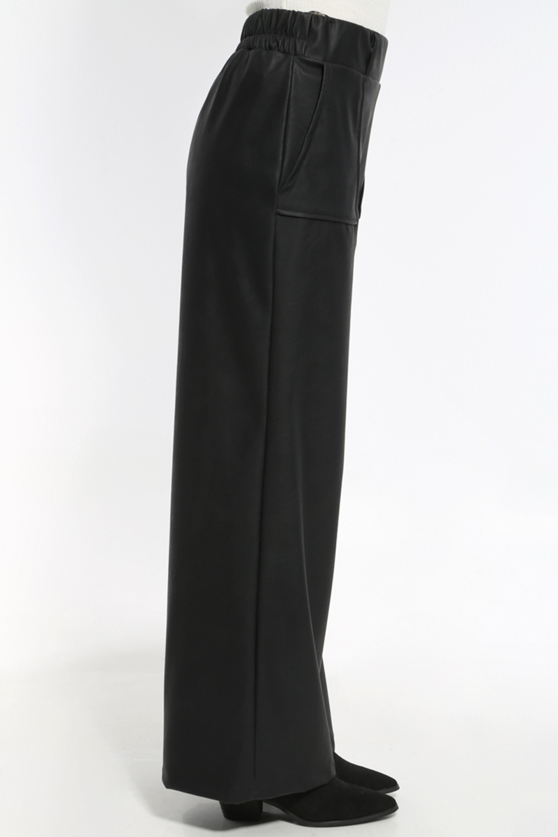 LEATHER LOOK BLACK WIDE PANTS WITH POCKETS