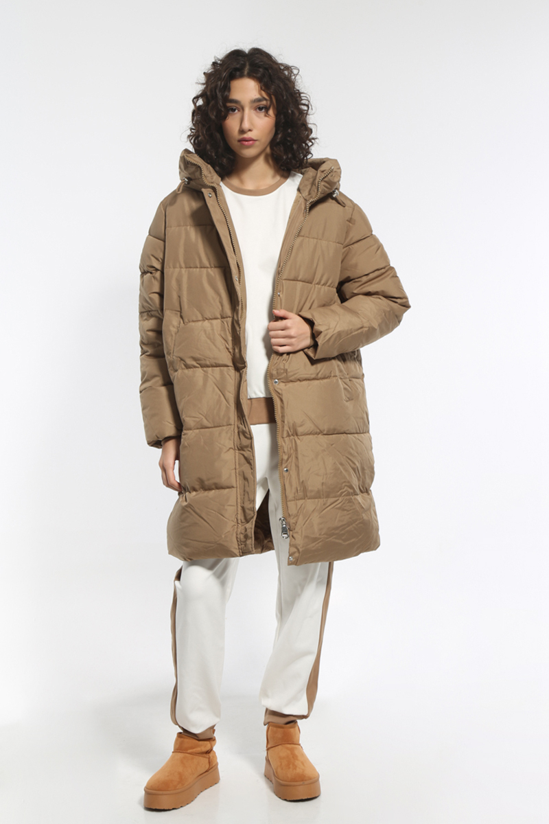 CAMEL LONG JACKET WITH HOOD