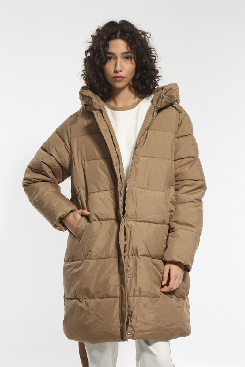 CAMEL LONG JACKET WITH HOOD