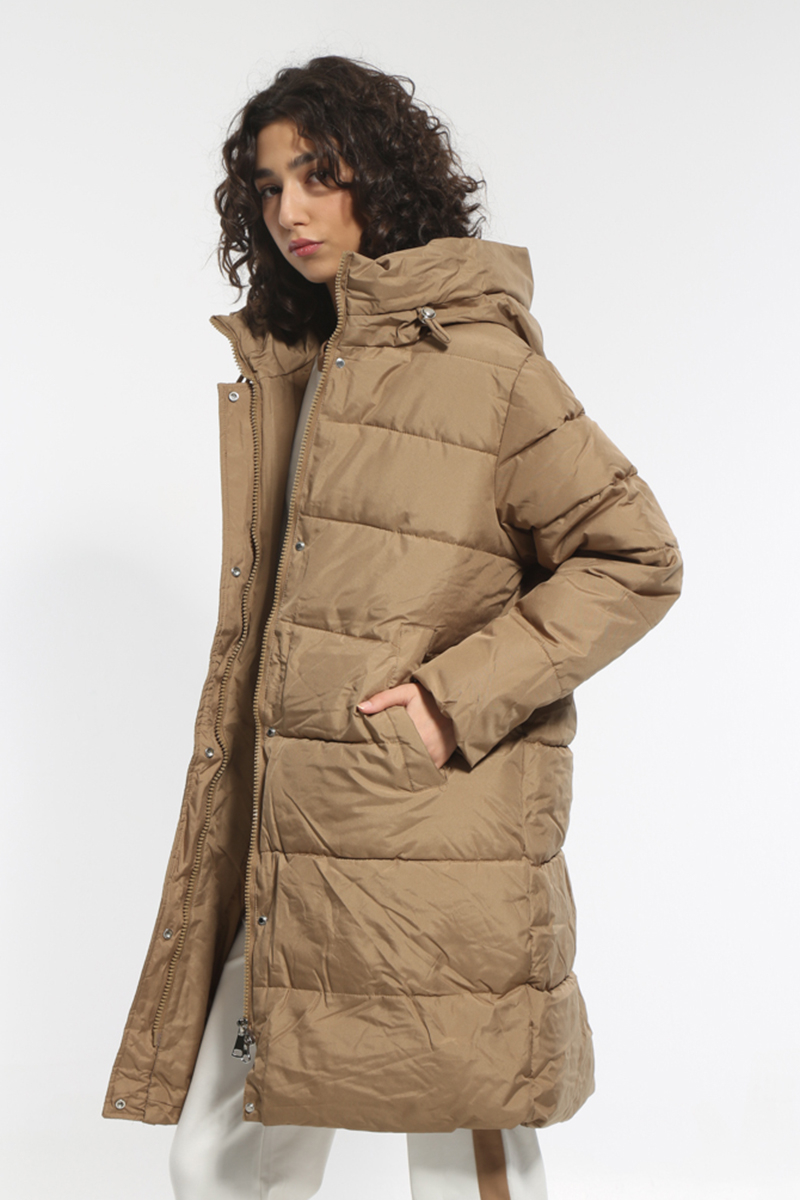 CAMEL LONG JACKET WITH HOOD