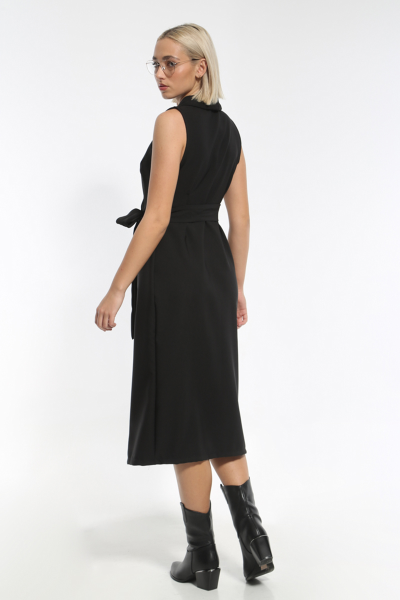 BLACK SLEEVELESS DRESS WITH A TIE