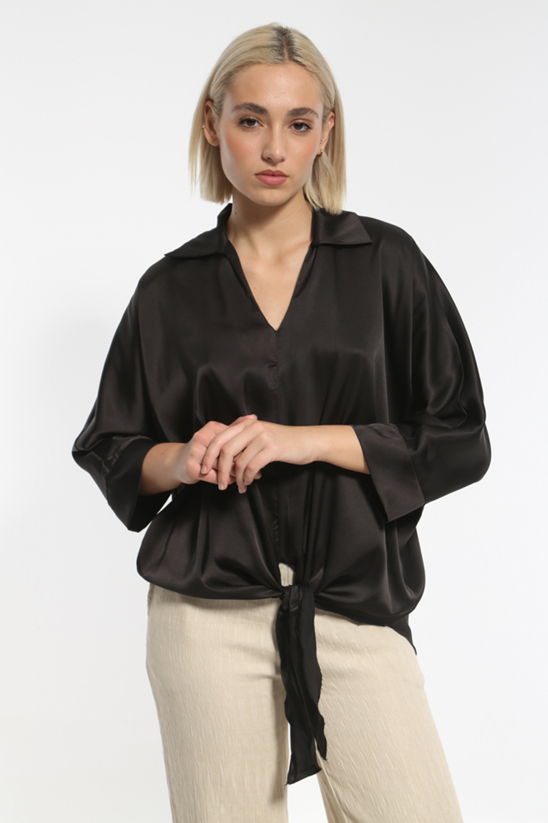 SATIN BLACK BLOUSE WITH COLLAR AND WAIST TIE