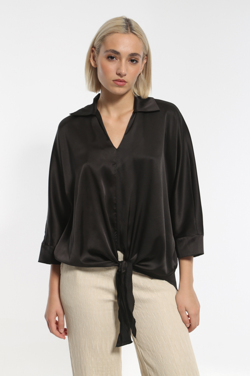 SATIN BLACK BLOUSE WITH COLLAR AND WAIST TIE