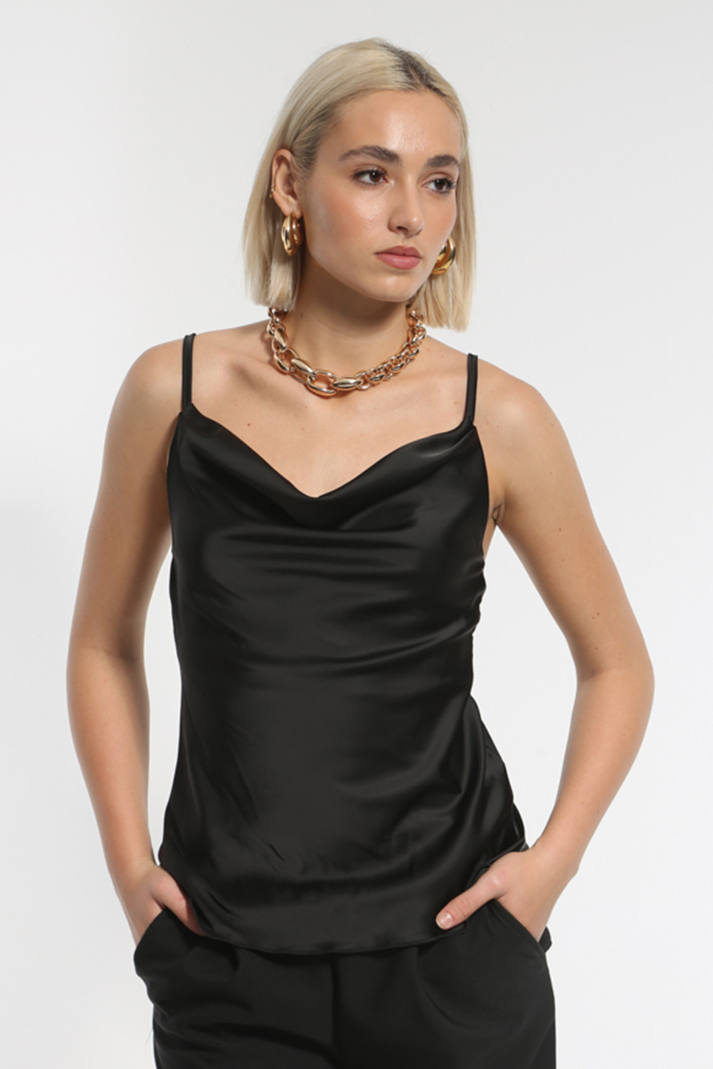 SATIN PLAIN BLACK BLOUSE WITH STRAPS