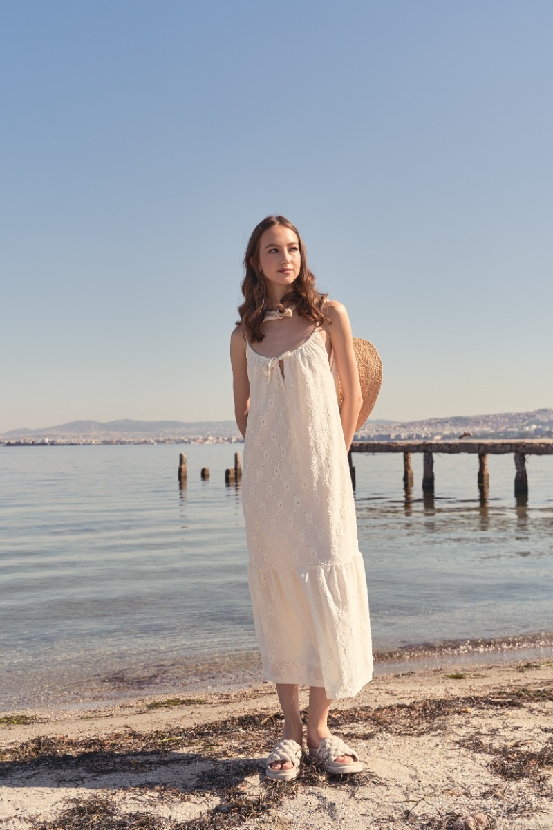 BEIGE DRESS WITH TREES AND STRAPS