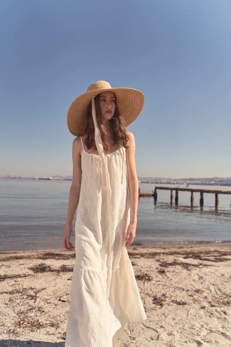 BEIGE DRESS WITH TREES AND STRAPS